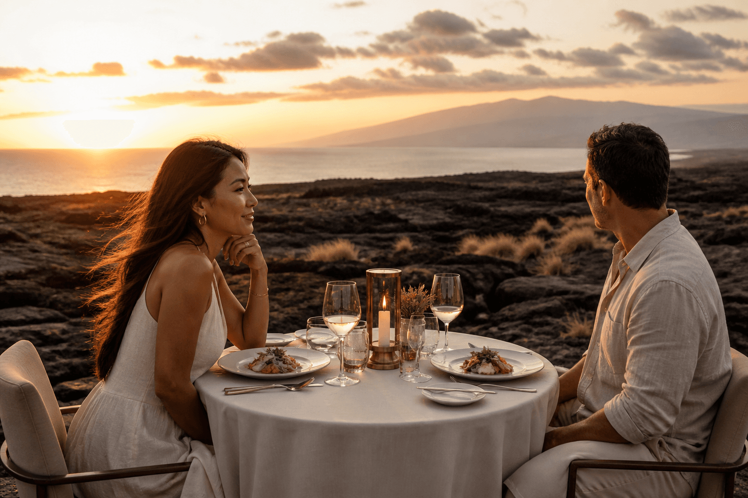 Two seats on a Kohala lava terrace at sunset — plated kanpachi, Mauna Kea faint.