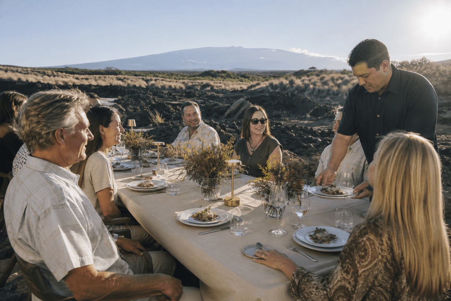 A Kohala lava-terrace birthday — kanpachi and a simple dessert, eight guests.