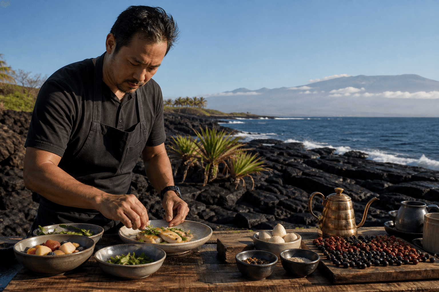 Kona west-side brunch — breakfast fish, fruit, coffee cherries, hard sun.