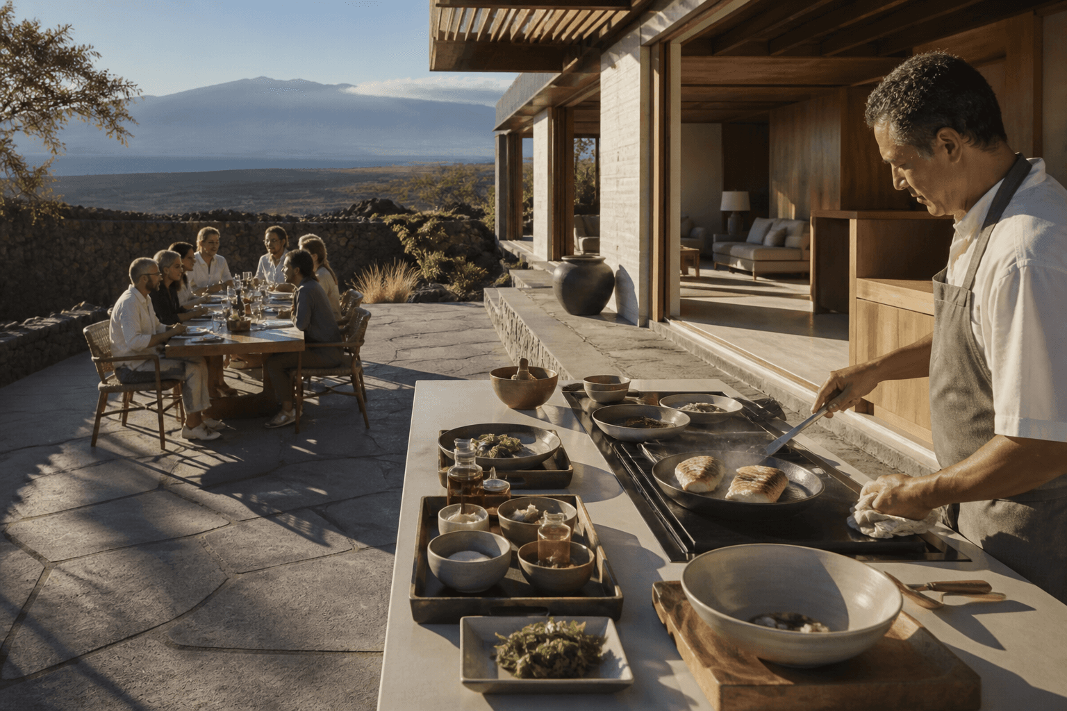A Kohala retreat morning — breakfast fish, a small west-side offsite table, Mauna Kea faint.