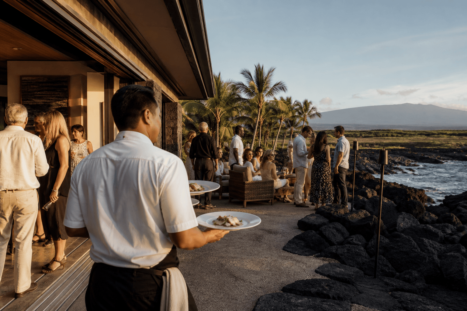 A Kohala lava-terrace villa party — plated kanpachi, Mauna Kea faint.