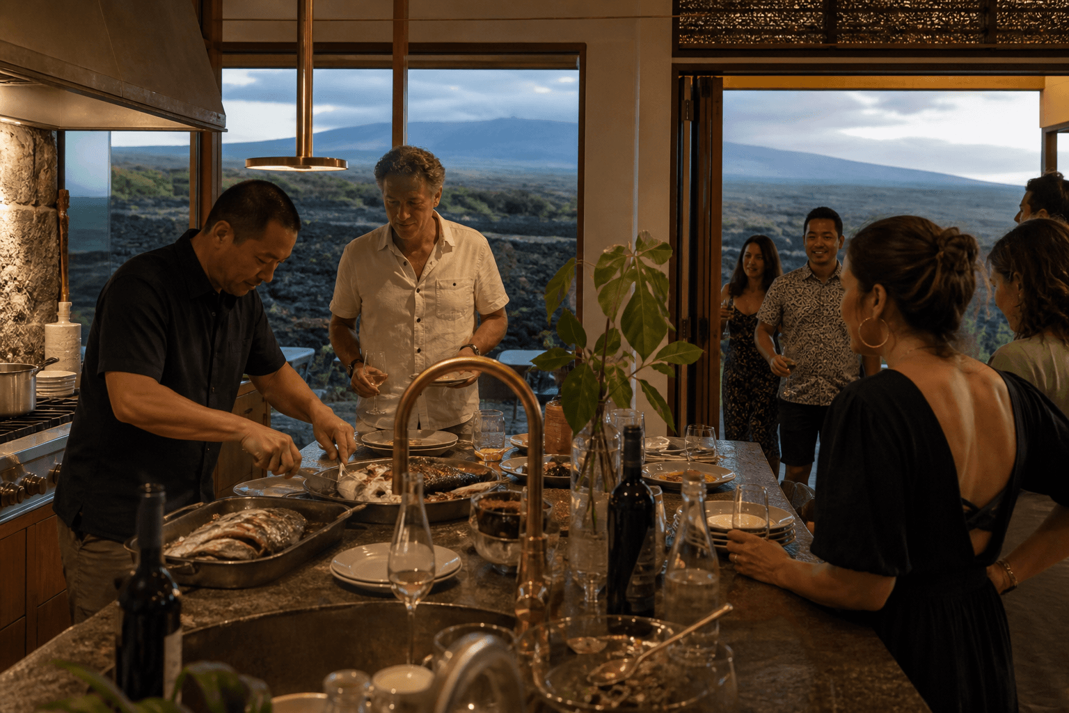 First-night family-style fish in a Kona kitchen — guests arriving, lava beyond the window.