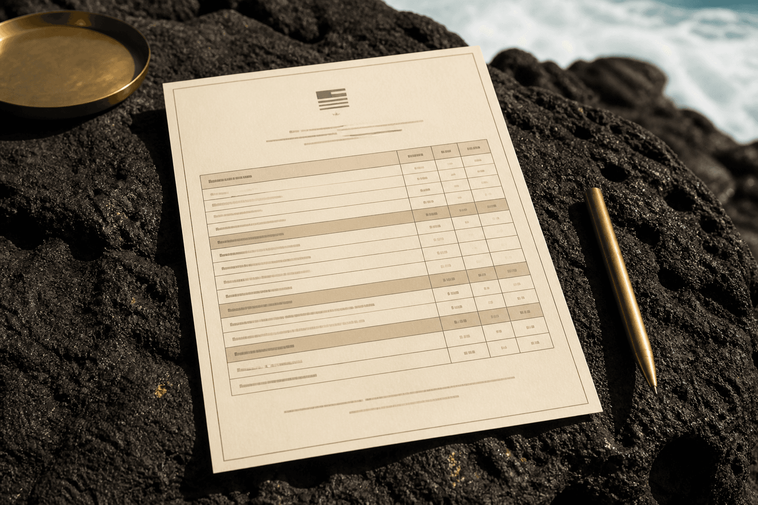 A printed west-side rate card on a Kohala lava-stone table — dinner bands, hard sun.