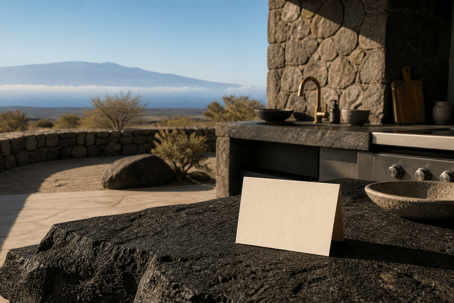 A Kona lava-terrace kitchen with an inquiry card on the counter, Mauna Kea faint in hard sun.