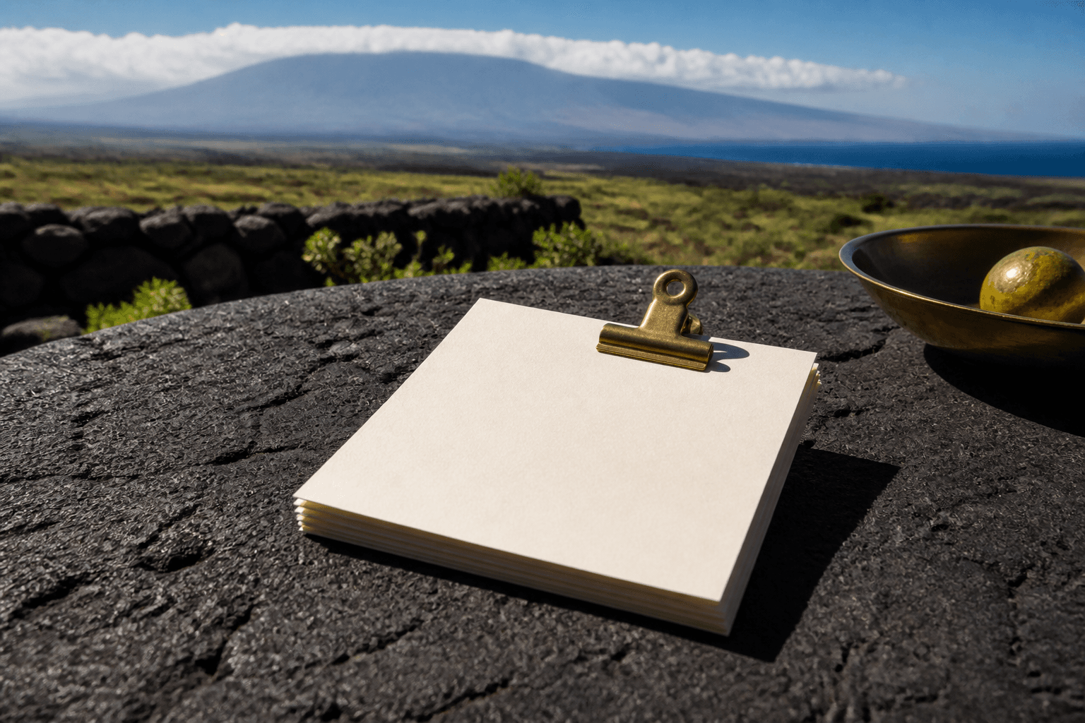 A stacked set of blank cream URL cards on a Kona lava-terrace table, brass clip, hard sun.