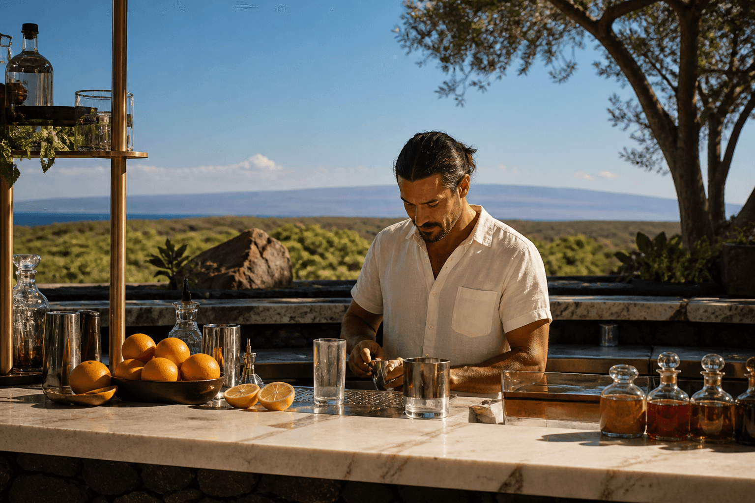 A bartender at a Kohala lava terrace counter, citrus, hard sun, Mauna Kea faint.