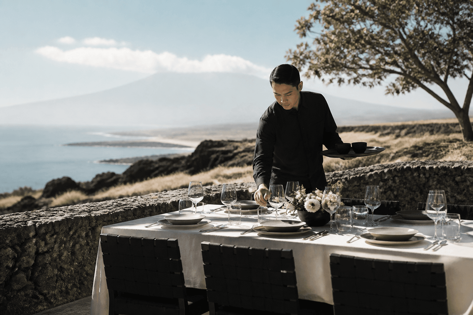 A Kohala lava terrace table being set in hard sun, Mauna Kea faint.