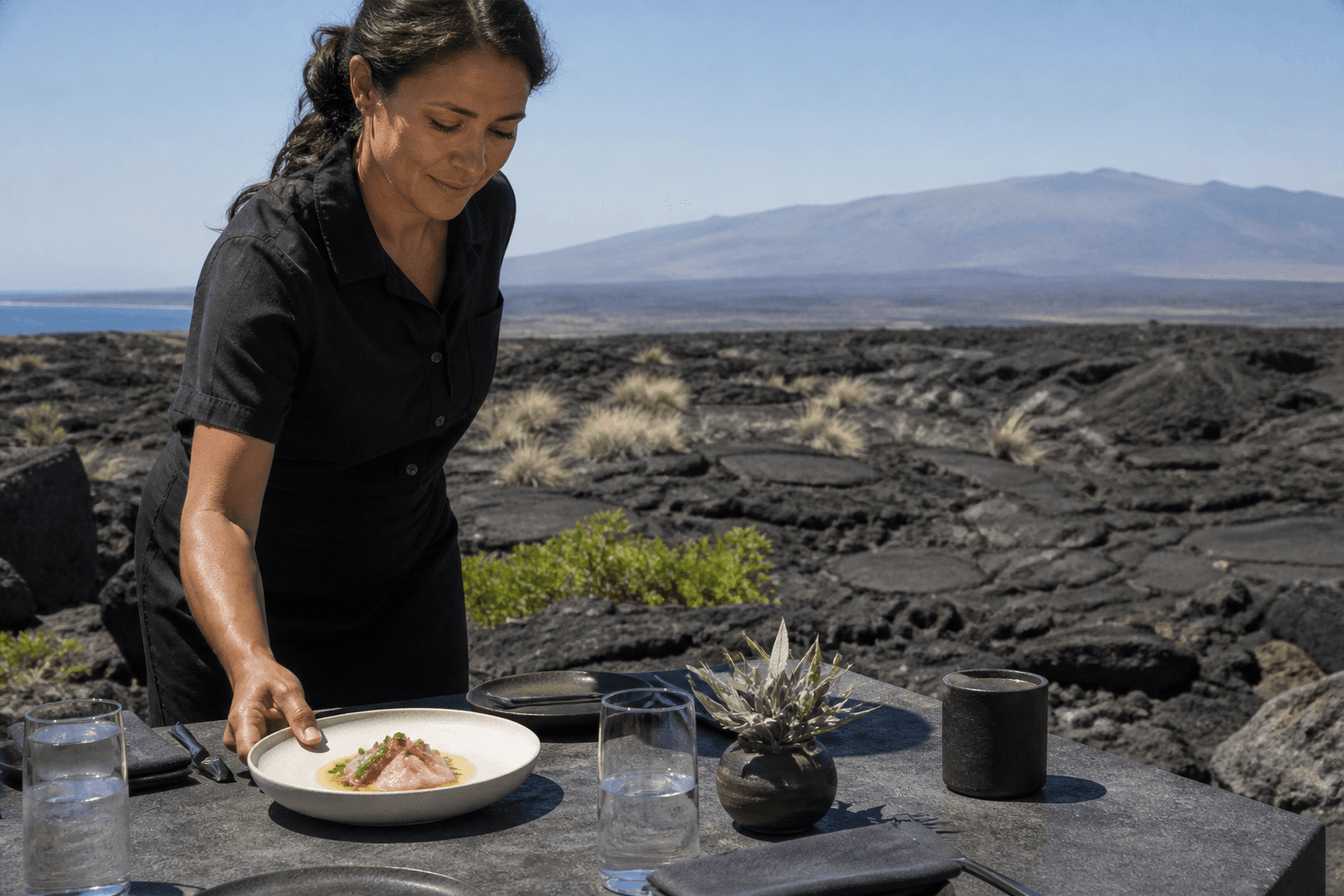 A server setting plated kanpachi on a Kohala lava terrace, Mauna Kea faint.