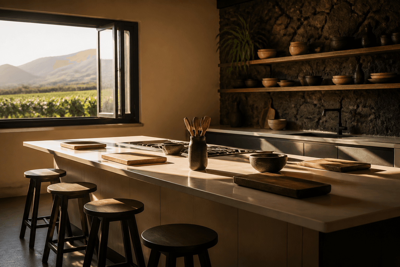 Empty Kona class stools, coffee slopes in the window, hard sun.