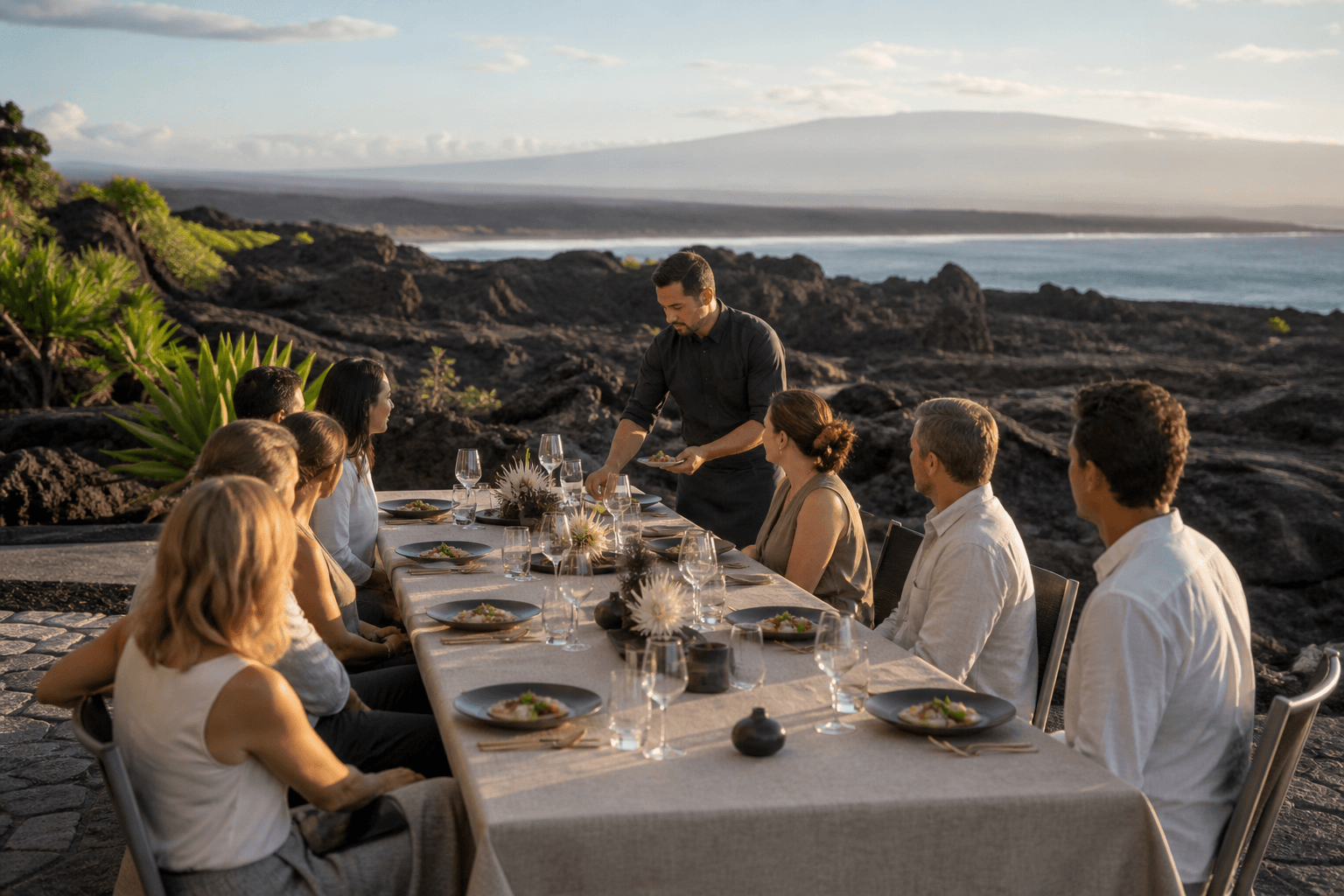 An executive dinner on a Kohala lava terrace — plated kanpachi, Mauna Kea faint.