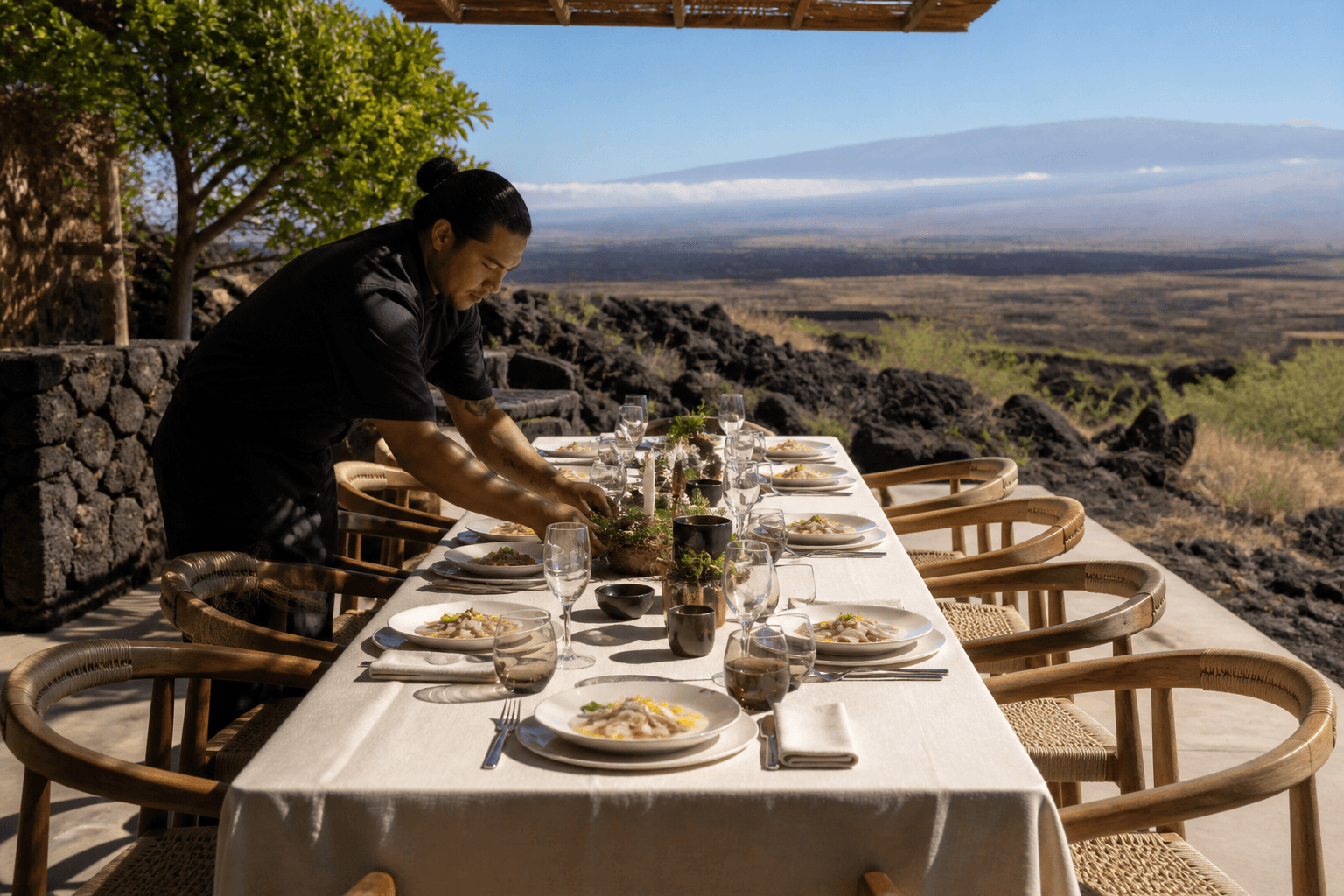 A Kohala lava terrace table set for eight — plated kanpachi, Mauna Kea faint.