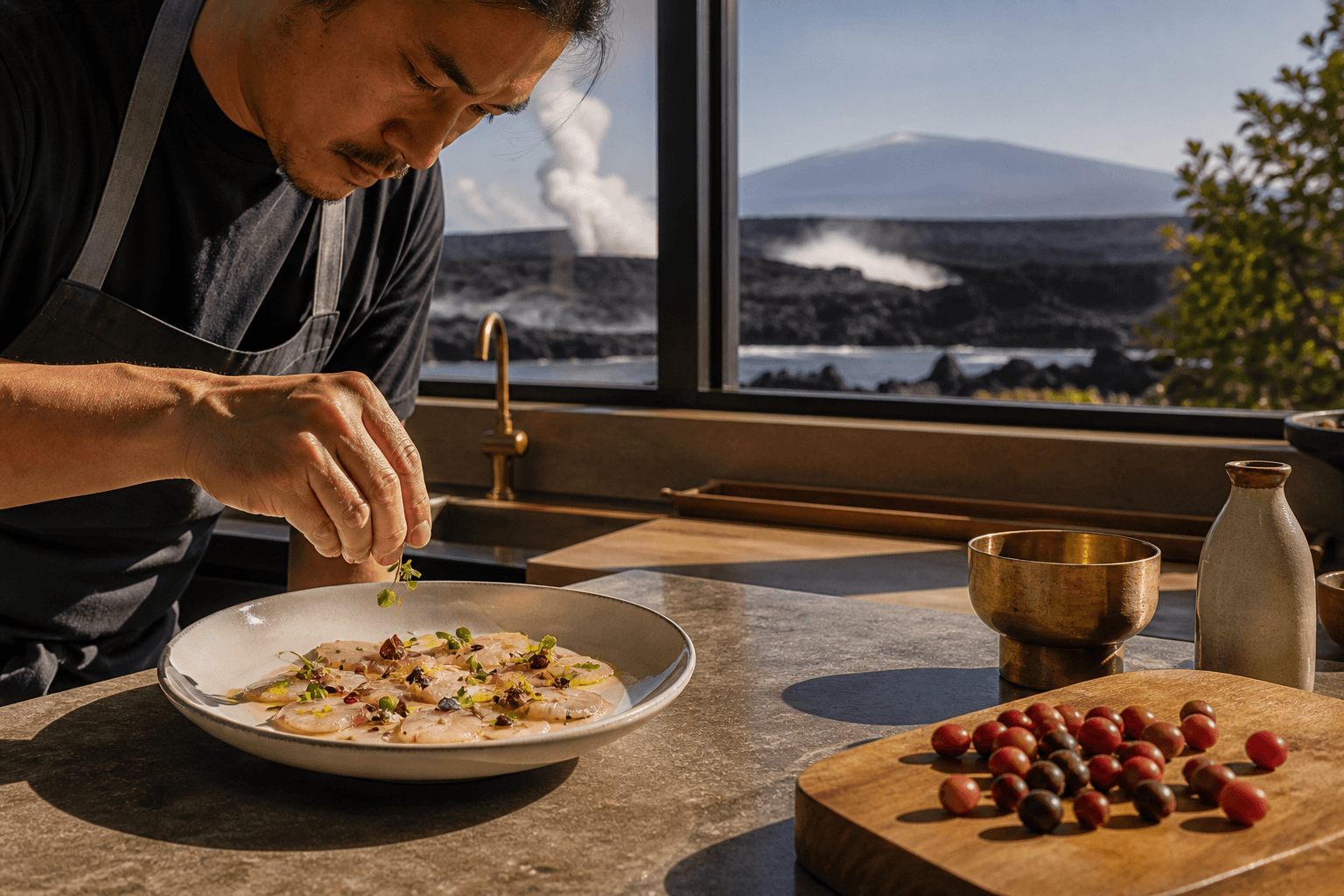 Dairy-free kanpachi crudo in a Kona kitchen, coffee cherries on a separate board.
