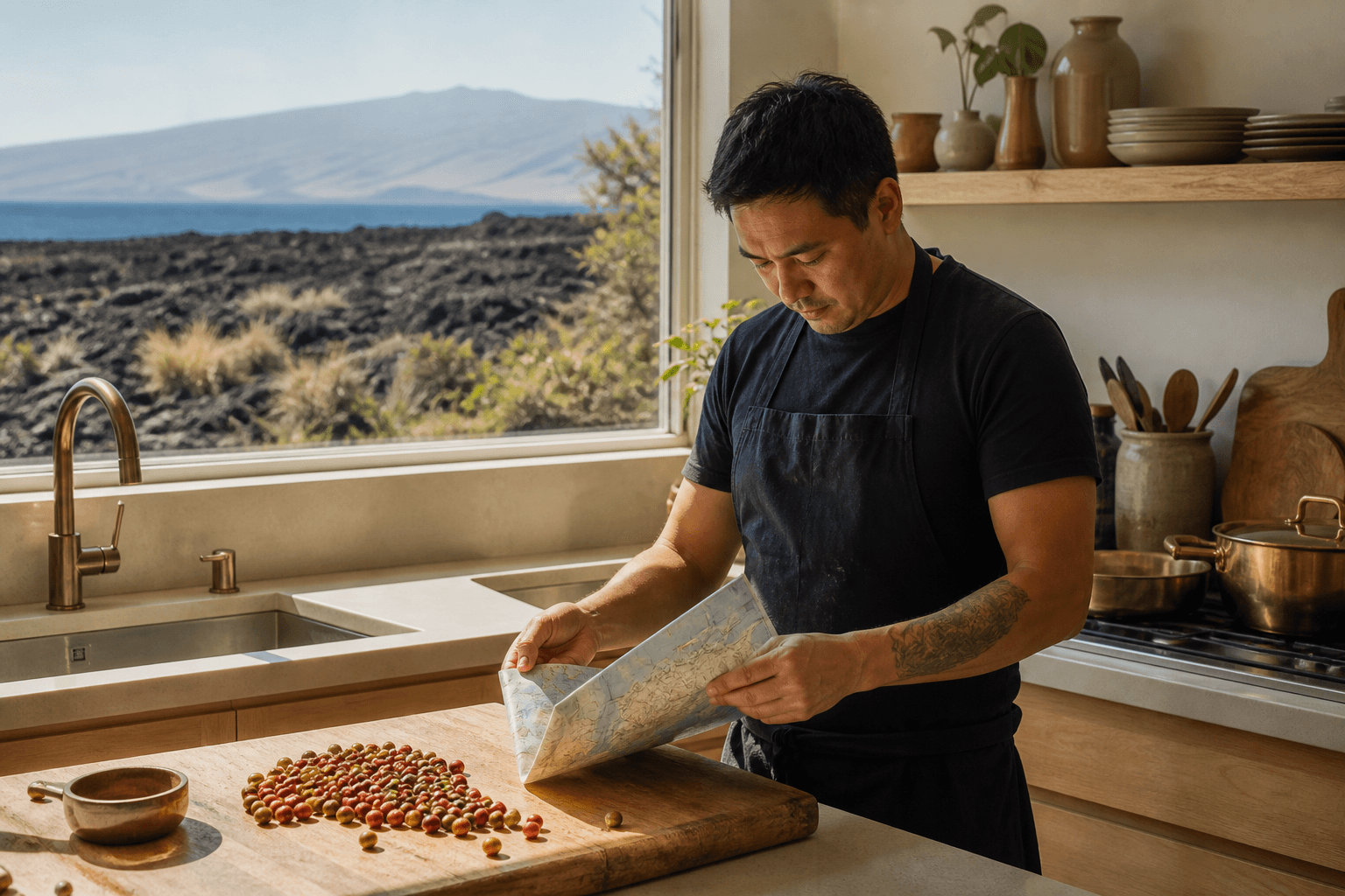 A Kona kitchen in hard sun — west-side lava in the window, the east side not claimed.