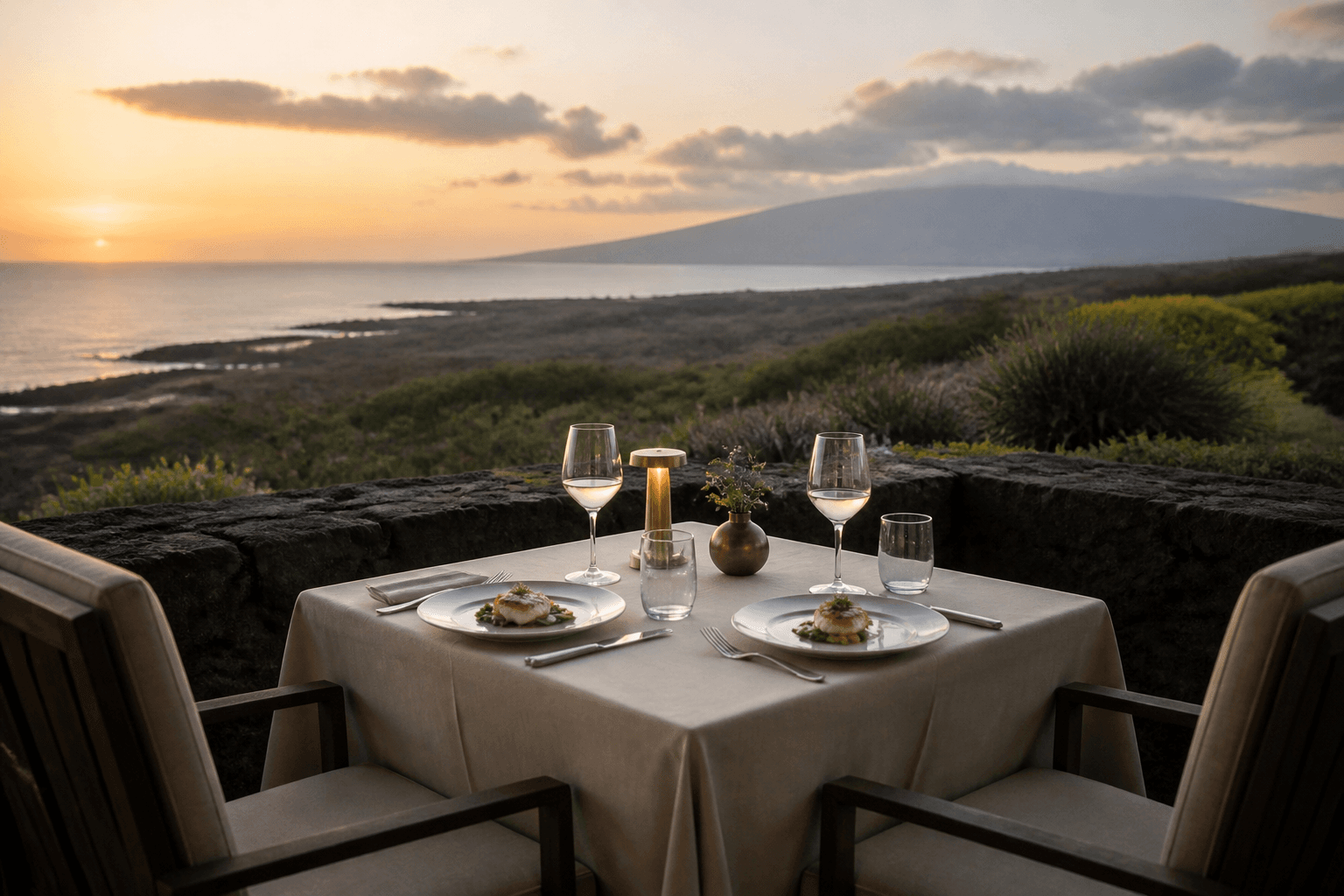 Two seats on a Kohala lava terrace at sunset — plated kanpachi for two, Mauna Kea faint.