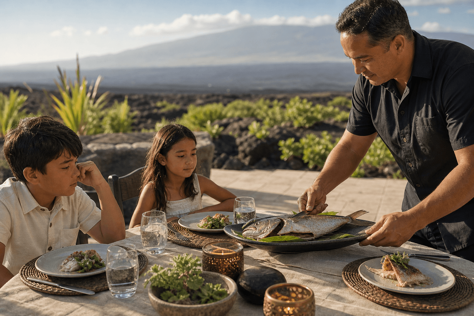 A Waikoloa family table — kanpachi for adults, kids’ plates, lava terrace.