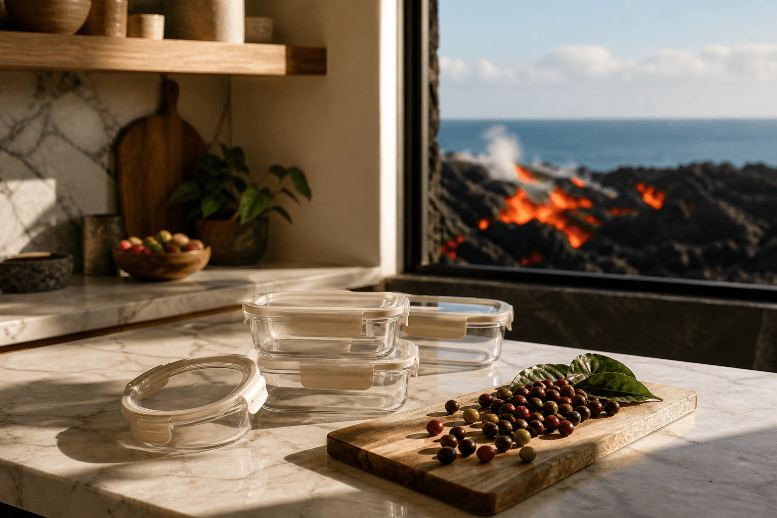 A Kona kitchen with unused prep containers, coffee cherries, lava in the window.
