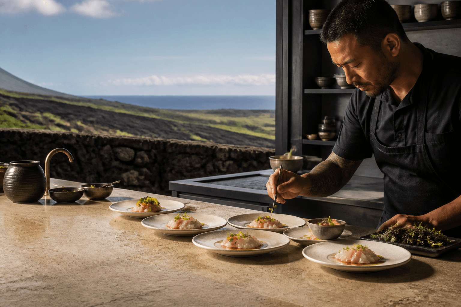 Kanpachi tasting plates in a Kona kitchen, lava and coffee slopes, hard sun.