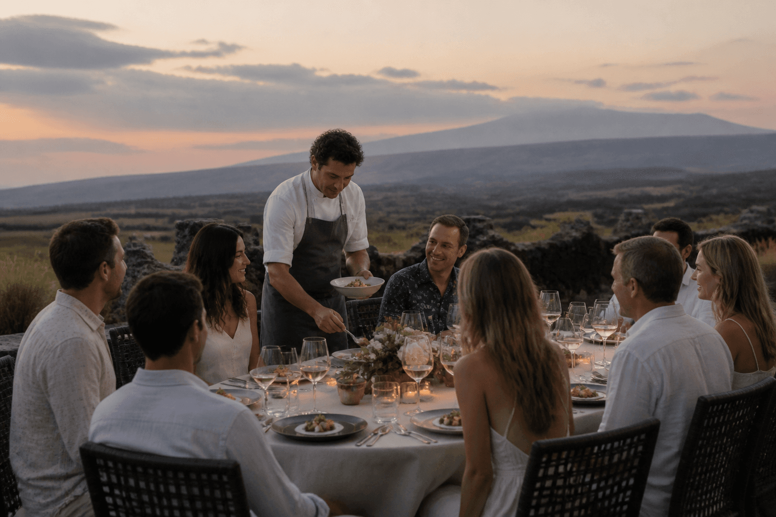 A Kohala rehearsal dinner on lava at dusk — plated kanpachi, Mauna Kea faint.