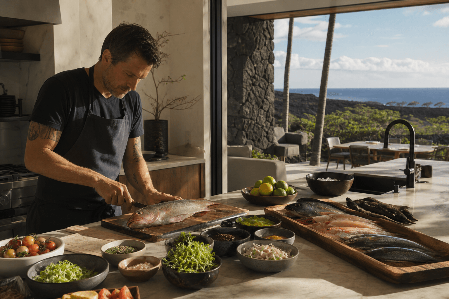 A Kona full-board retreat kitchen — breakfast fish, lava and coffee slopes.
