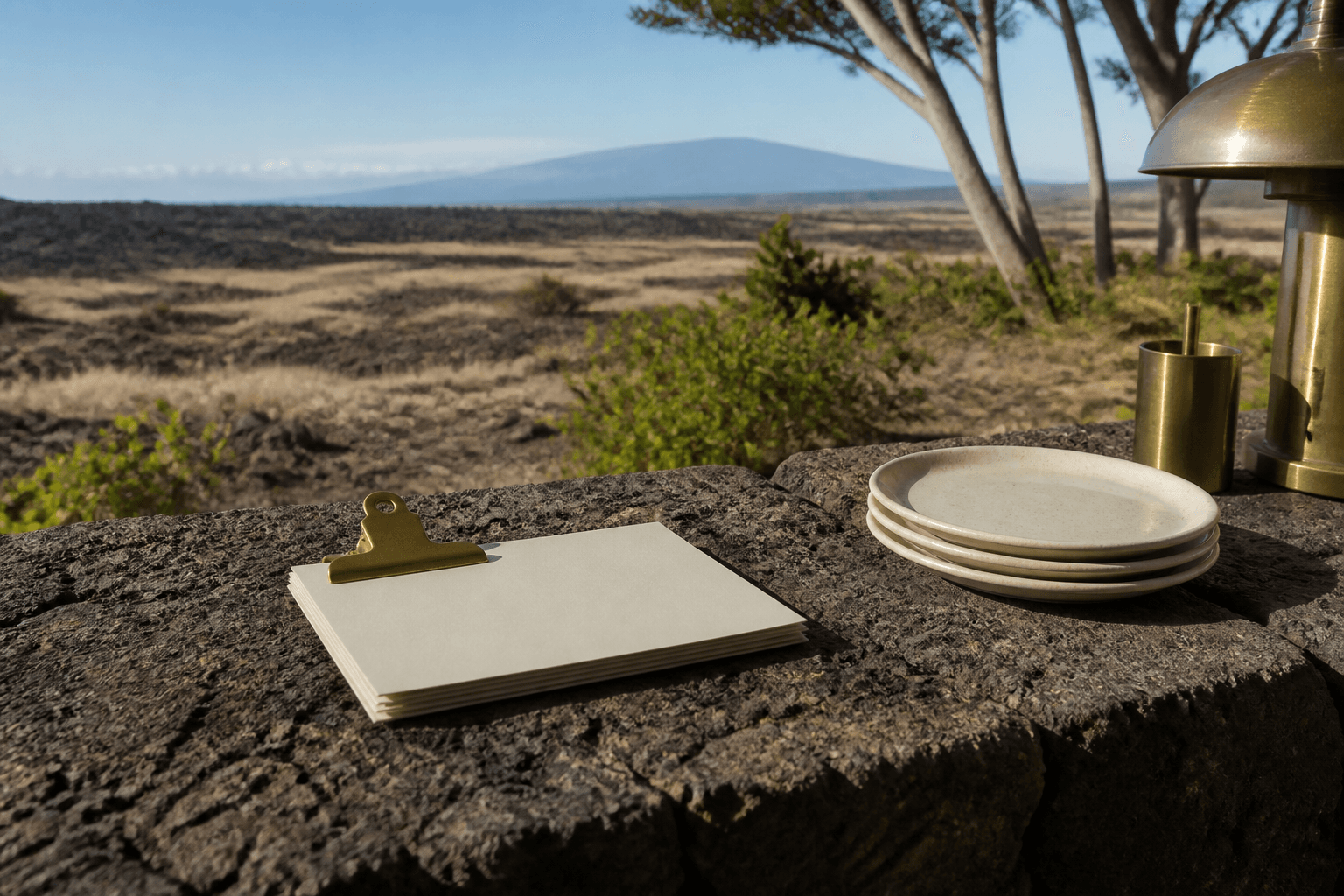 Blank cream ledger cards and a brass clip on a Kohala lava-stone counter in hard sun, unused ivory plates.