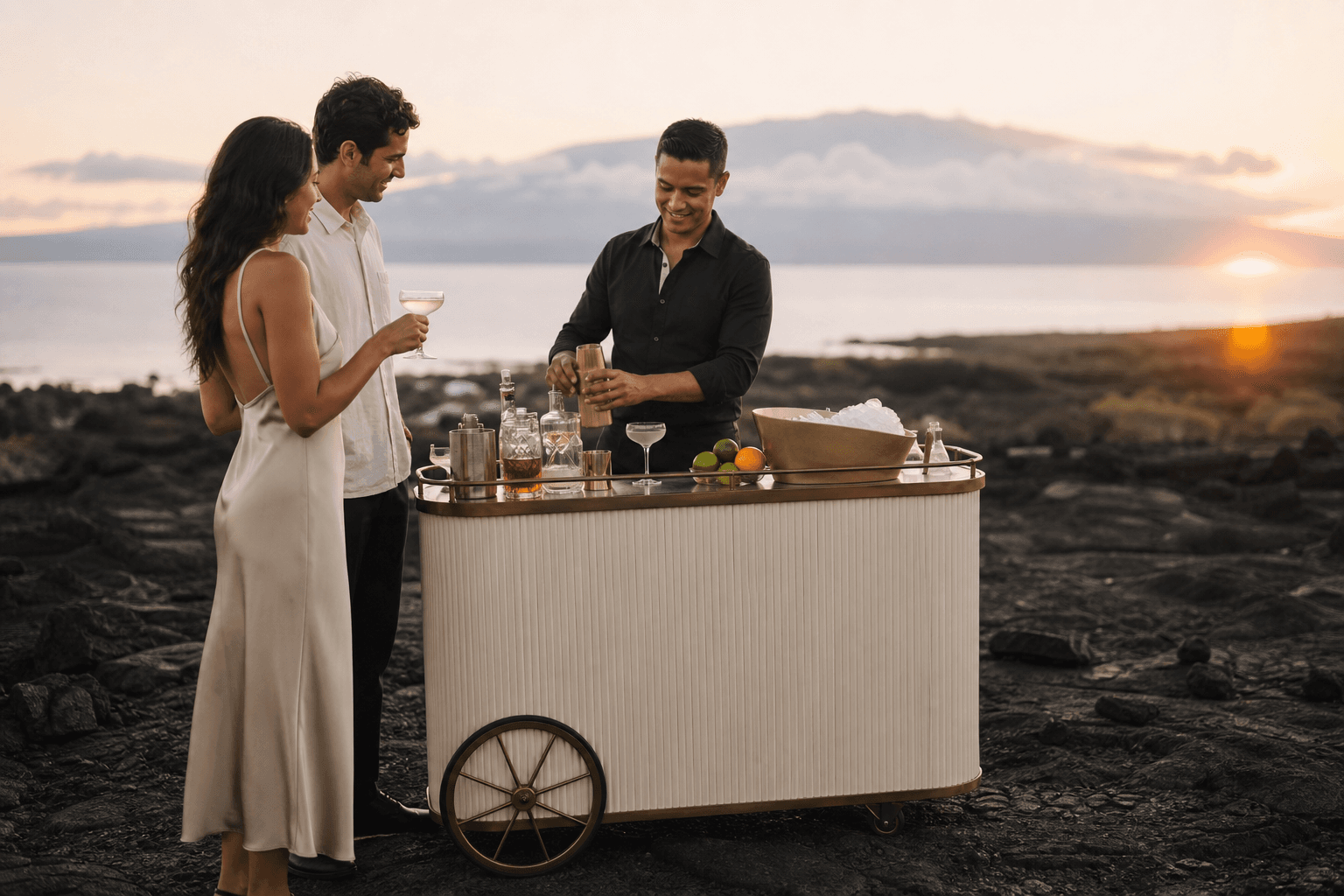 A 4-hour mobile bar cart on a Kohala lava terrace at sunset, Mauna Kea faint.